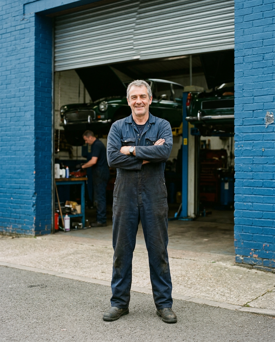 A mechanic with folded arms in front of an open workshop door and blue brick wall