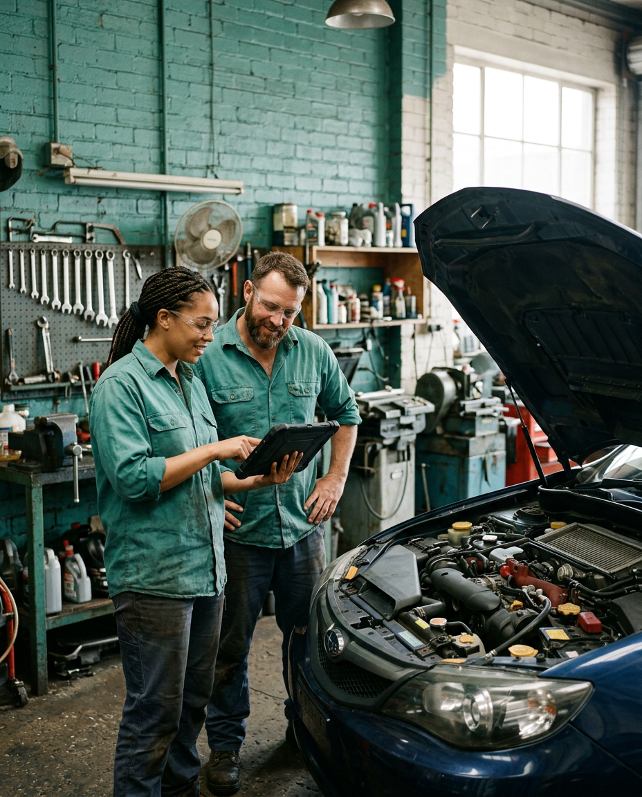 Two garage workers in teal shirts looking at a tablet beside a car with its bonnet up