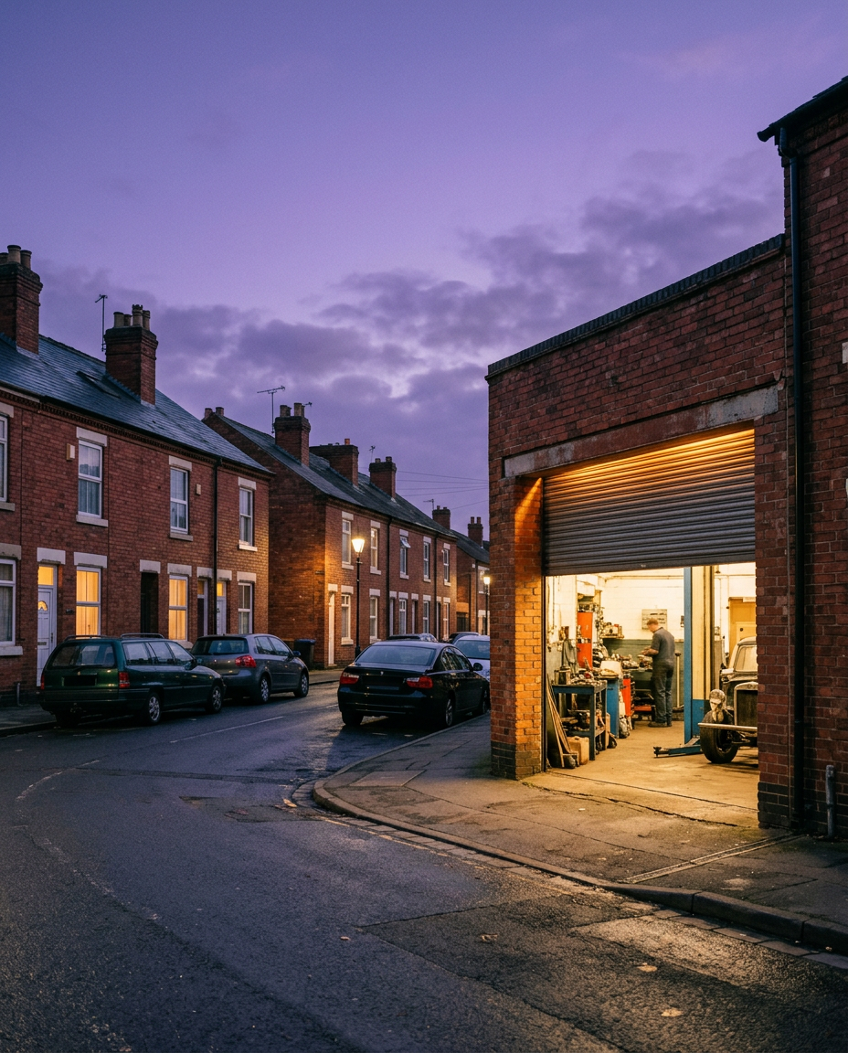 A red-brick terraced street at dusk with a small garage, its shutter open and lit from inside