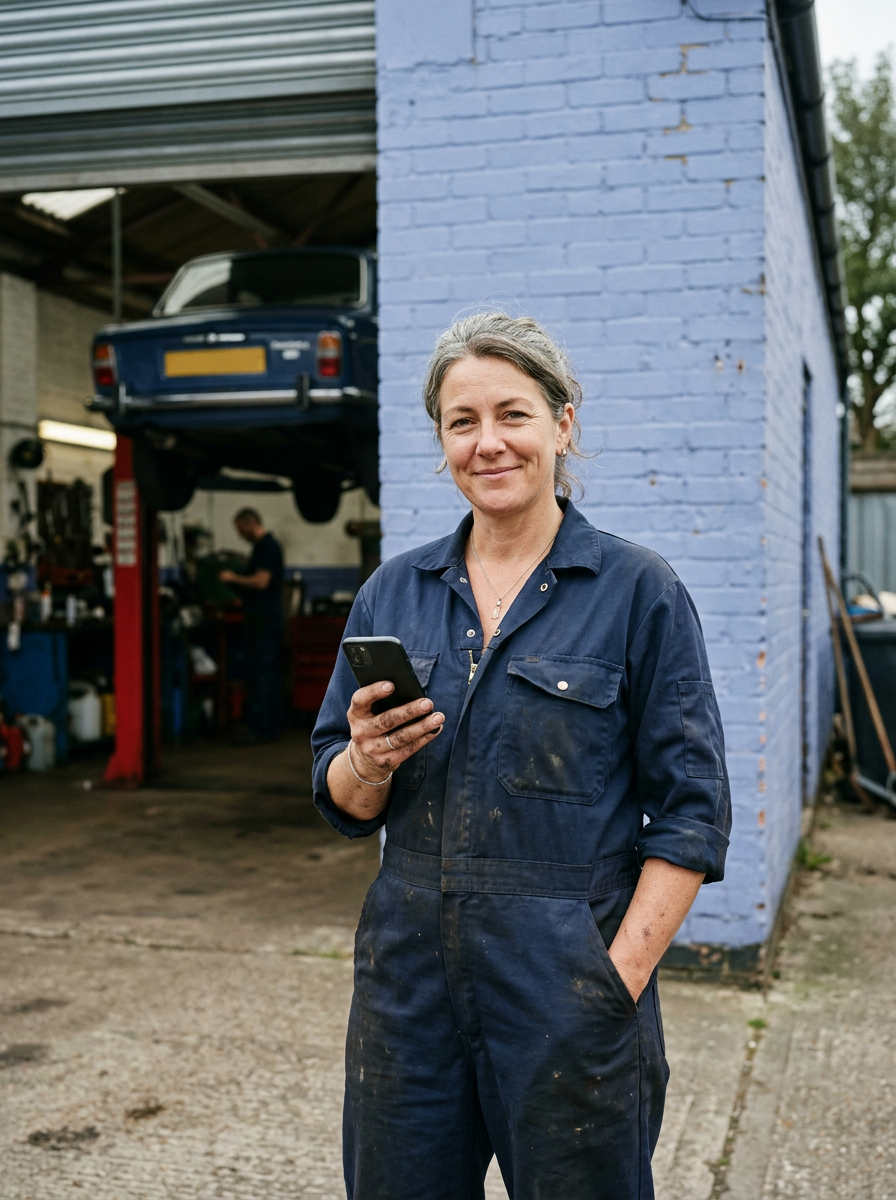 A garage owner in navy overalls holding a phone, standing in front of a blue brick workshop wall